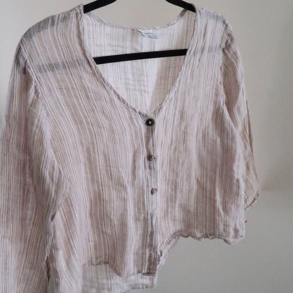 Color Me Cotton Striped Linen Button Top Tan - Picture 2 of 3